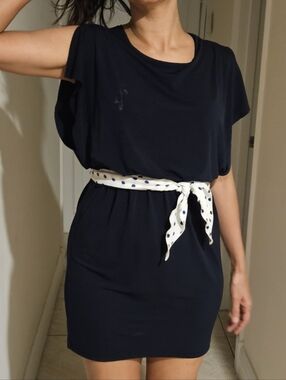 Navy Short Sleeve Shift Dress Pictured with Polka Dot Waist Tie (Not For Sale)